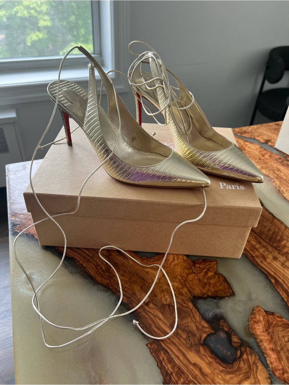 Christian Louboutin Metallic Gold Pointed Lace-Up Slingback Heels
